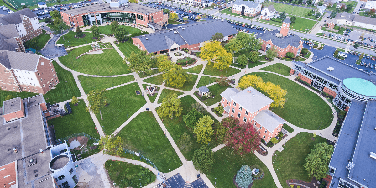 aerial view of college campus with Efficient Wayfinding